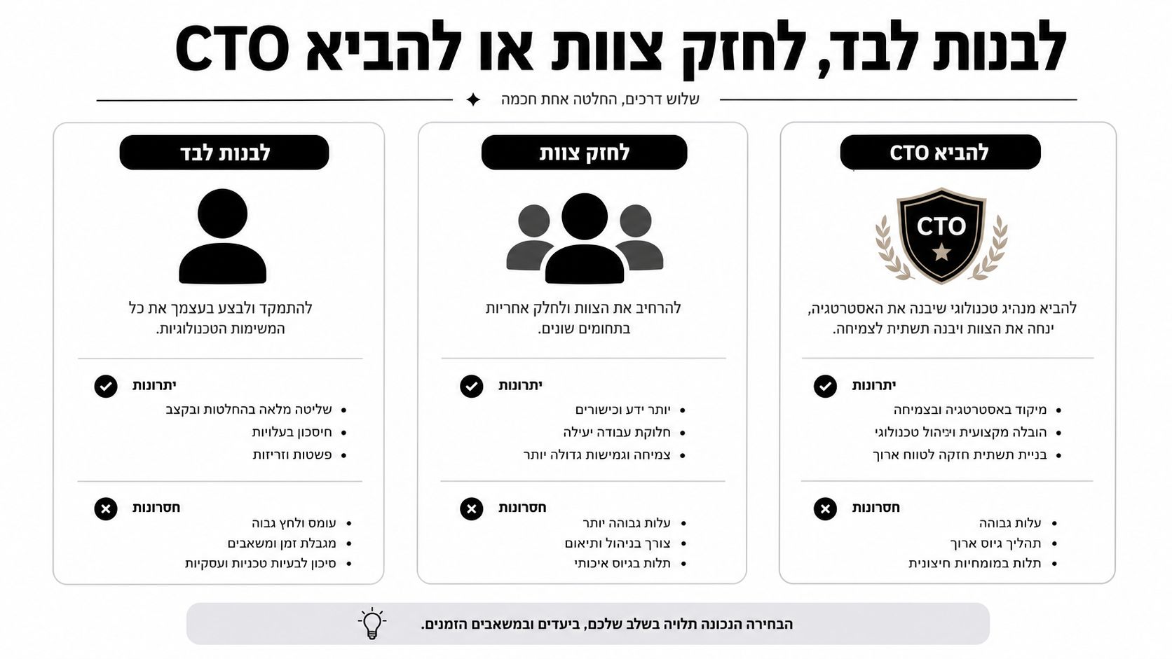אינפוגרפיקה המציגה שלוש אסטרטגיות לבניית מערך טכנולוגי: לבד, חיזוק צוות או הבאת CTO, להשוואת יתרונות וחסרונות.