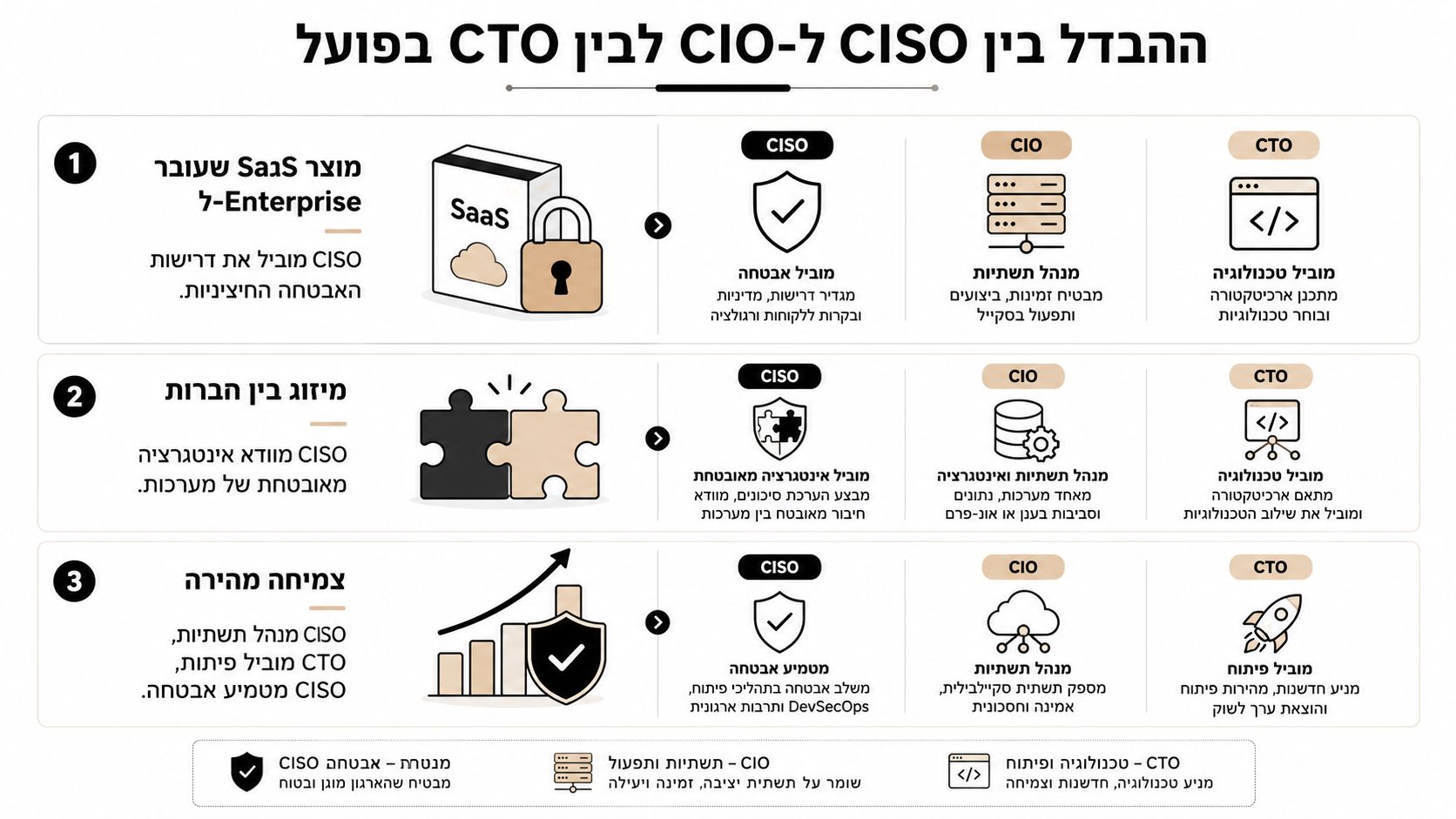 תרשים המציג את ההבדלים והתפקידים של CISO, CIO ו-CTO בתהליכים ארגוניים שונים כגון מעבר ל-SaaS, מיזוג וצמיחה.
