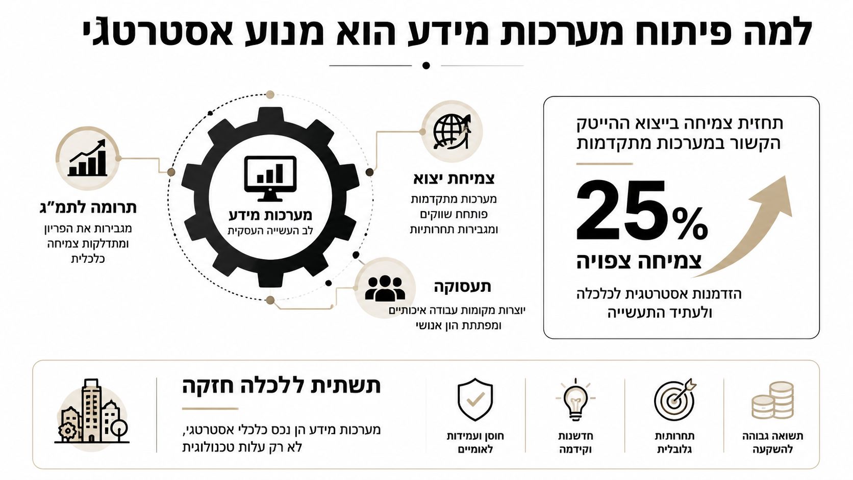 אינפוגרפיקה המציגה את חשיבות פיתוח מערכות מידע כמנוע צמיחה אסטרטגי לכלכלה, לתעסוקה ולתרומה לתוצר הלאומי.
