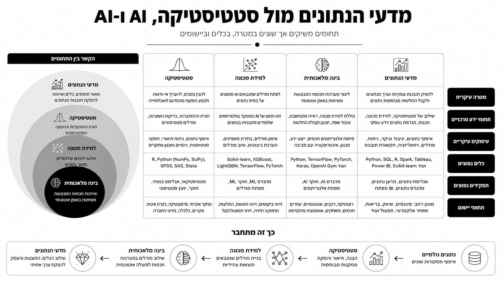 תרשים השוואתי בעברית המציג את ההבדלים והקשרים בין מדע הנתונים, סטטיסטיקה, למידת מכונה ובינה מלאכותית.