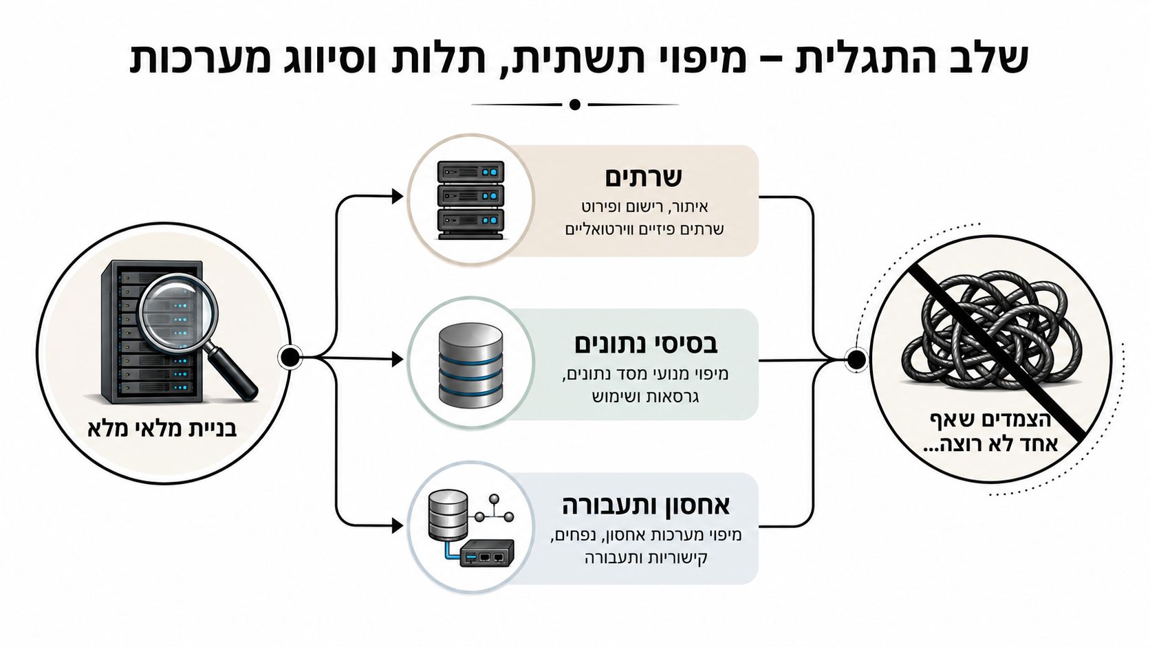 תרשים המציג תהליך מיפוי תשתיות, שרתים, בסיסי נתונים ואחסון כחלק מתהליך ארגון ומיגרציה למערכות מחשוב ענן.
