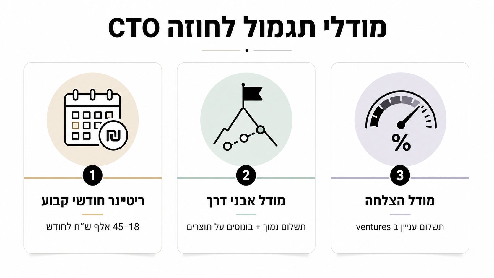 תרשים המציג שלושה מודלים של תגמול כספי עבור סמנכ"ל טכנולוגיות במיקור חוץ לפי תשלום חודשי או יעדים.