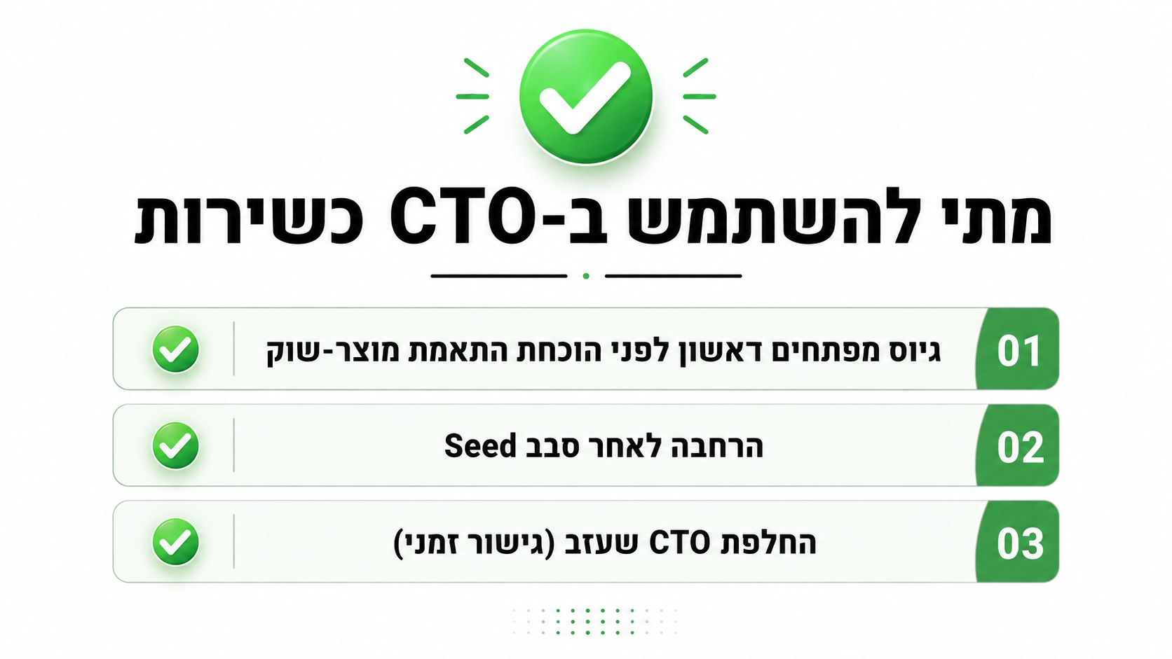 אינפוגרפיה המפרטת שלושה מקרים עיקריים שבהם מומלץ לחברות להשתמש בשירותי CTO חיצוניים וזמניים לניהול טכנולוגי