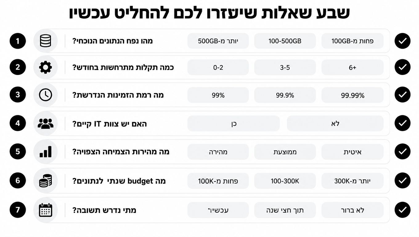 אינפוגרפיקה בעברית המציגה שבע שאלות מנחות לקבלת החלטות עסקיות בתחום ה-IT וניהול נתונים בארגון.
