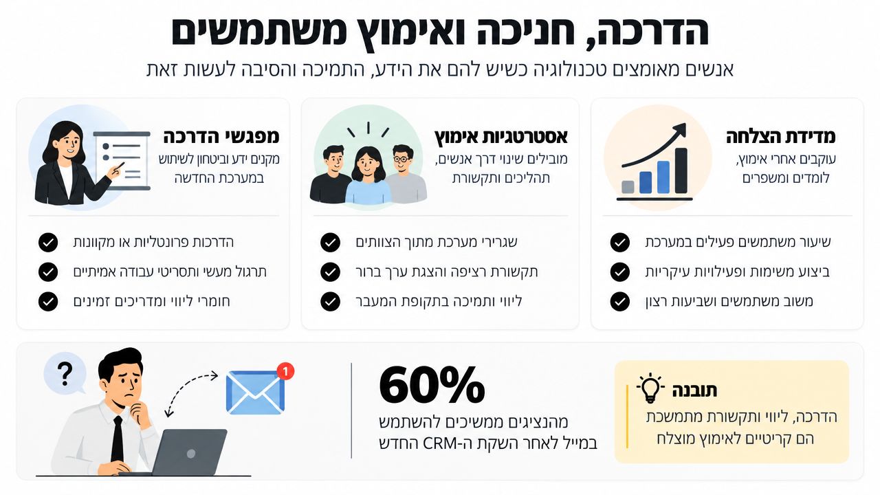 אינפוגרפיקה בנושא הדרכה, חניכה ואימוץ מערכות טכנולוגיות על ידי עובדים בארגון, המציגה אסטרטגיות להצלחה ותהליכי ליווי משתמשים.