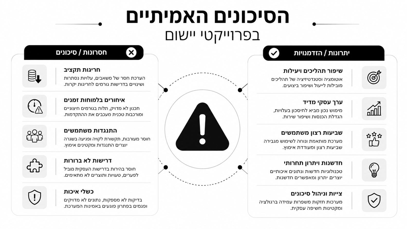 אינפוגרפיקה המציגה את הסיכונים והיתרונות בתהליך הטמעה ויישום של מערכות מידע בארגונים