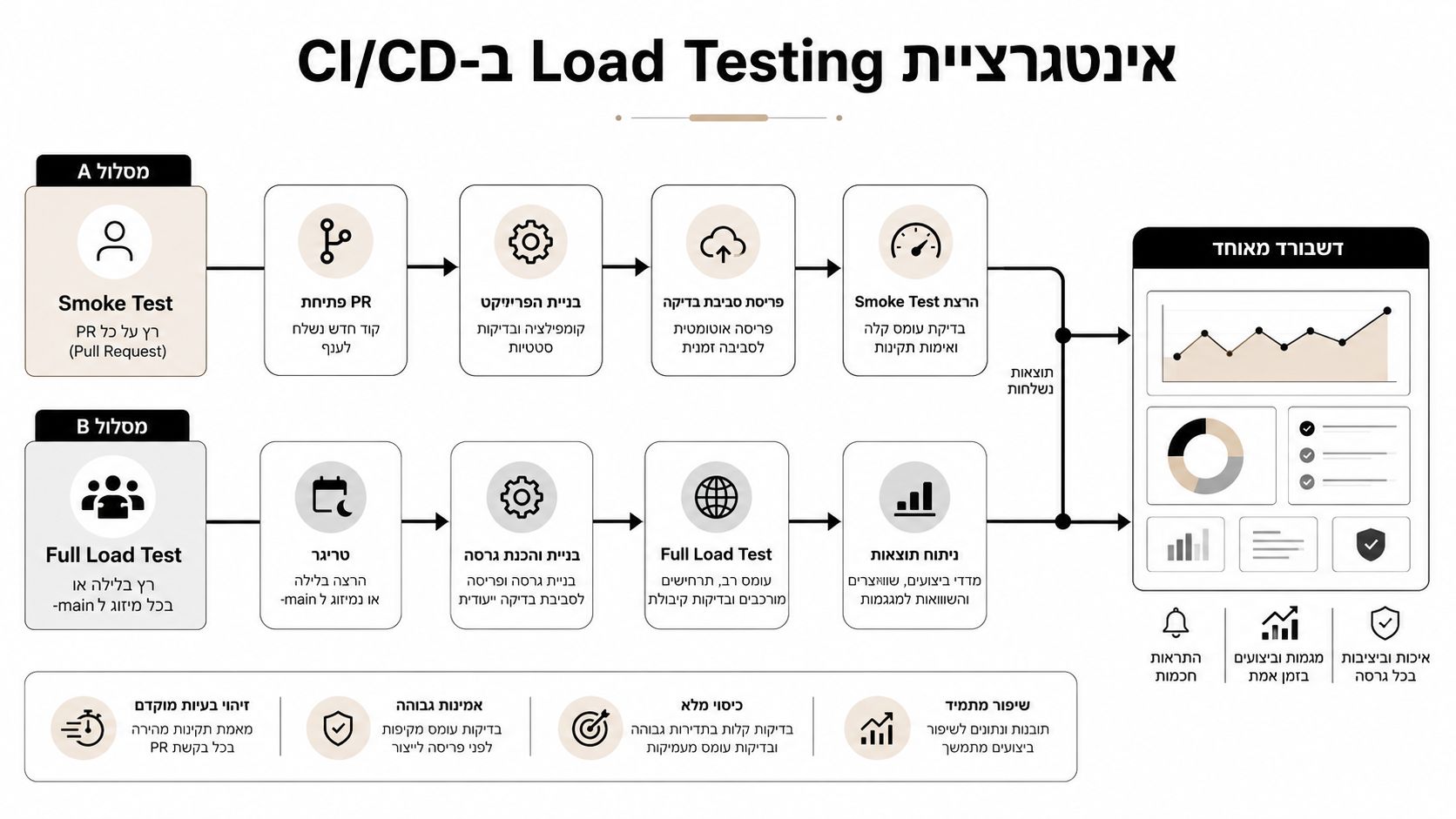 תרשים זרימה המציג אינטגרציה של בדיקות עומסים בתהליך פיתוח תוכנה רציף מסוג CI/CD עם מסלולי עבודה אוטומטיים.