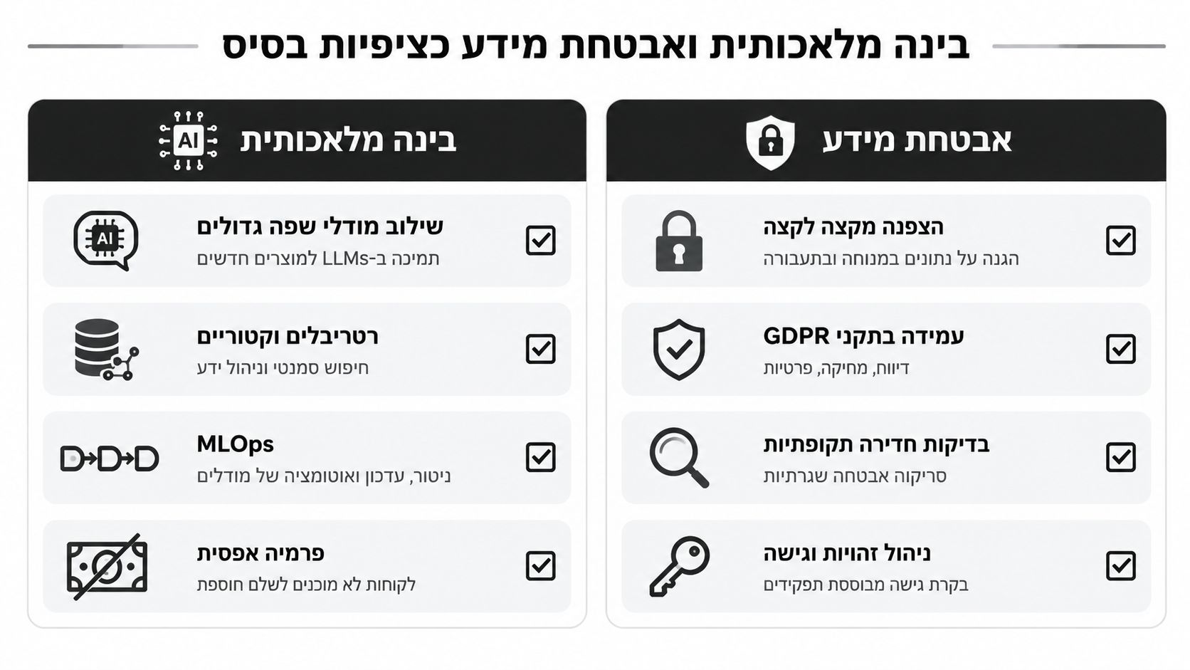 אינפוגרפיקה המציגה שירותי בינה מלאכותית ואבטחת מידע בסיסית עבור פיתוח פתרונות טכנולוגיים מתקדמים ומאובטחים לעסקים.