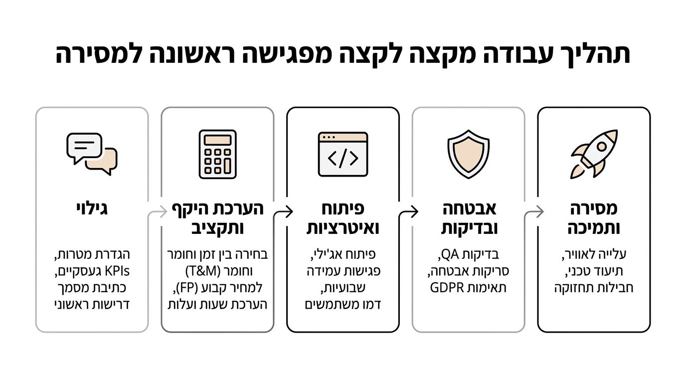 תרשים זרימה המתאר את תהליך עבודה לפיתוח תוכנה, מהגדרת מטרות ועד למסירה ותמיכה טכנית ללקוח.