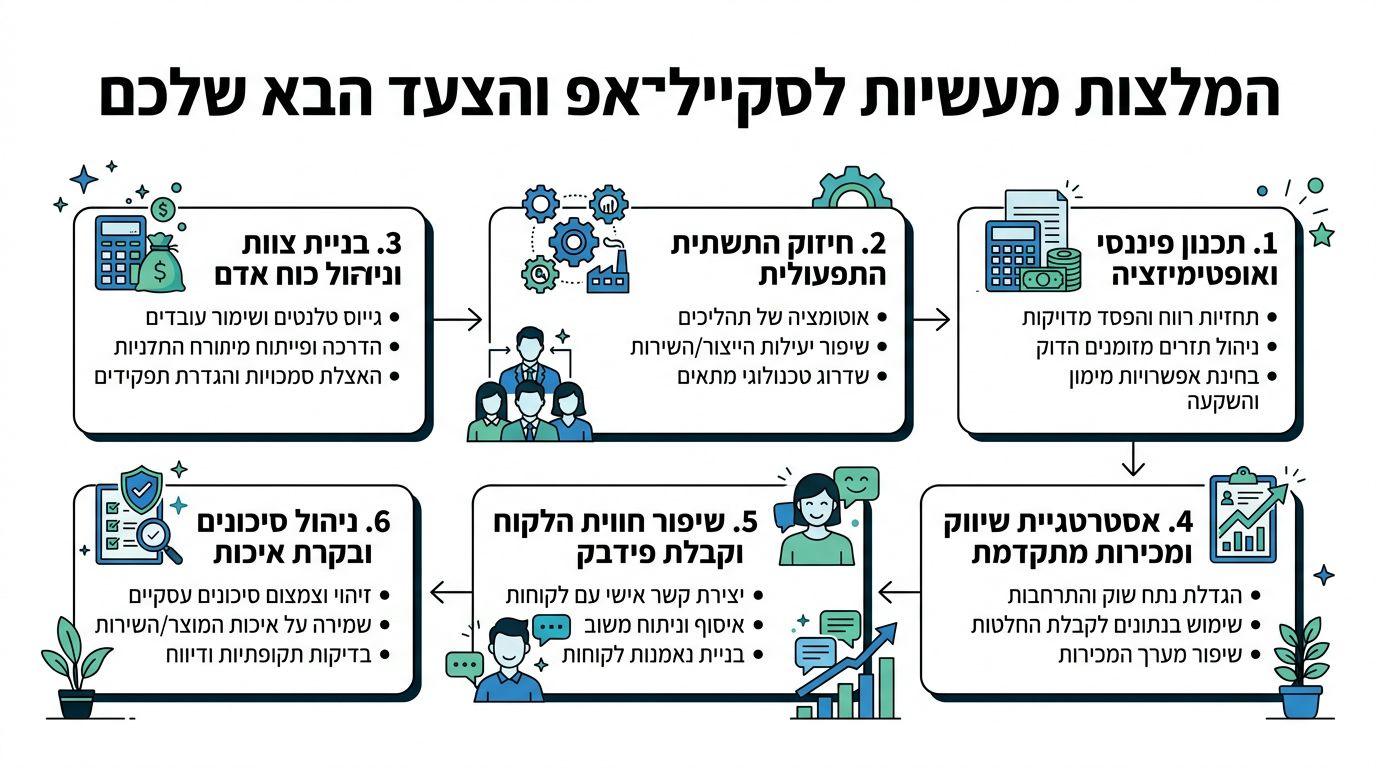 תרשים המציג שישה שלבים מעשיים לסקייל-אפ של עסקים, הכוללים תכנון פיננסי, ניהול כוח אדם, אסטרטגיה שיווקית ושיפור חווית לקוח.