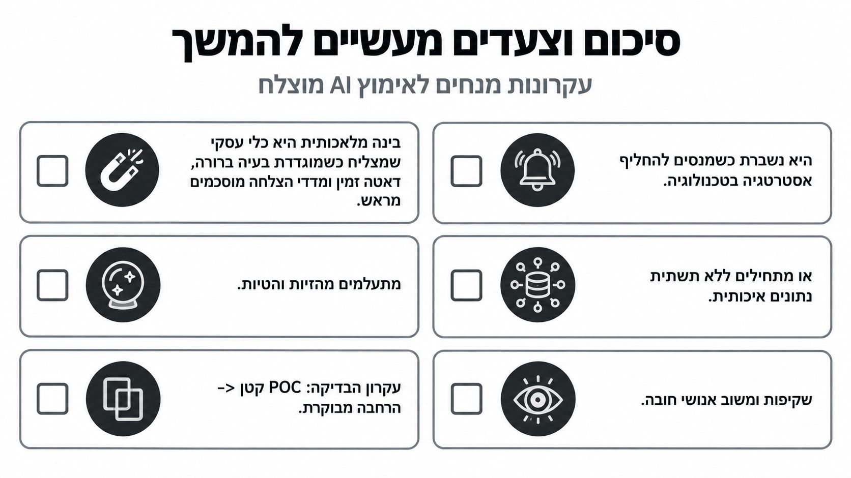 סיכום צעדים מעשיים ועקרונות מנחים להטמעת בינה מלאכותית מוצלחת בעסקים ובארגונים, מוצגים בטבלה עם אייקונים.