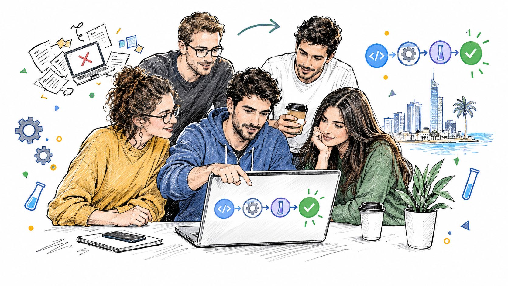 צוות פיתוח תוכנה צעיר ומגוון עובד יחד על מחשב נייד בתהליך של בדיקות תוכנה אוטומטיות ופיתוח תוכנה מודרני