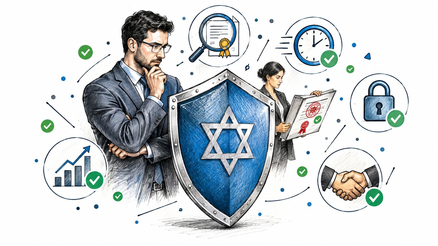איש עסקים ואישה בוחנים מסמכים ומגנים על נכסים דיגיטליים מאחורי מגן עם מגן דוד וסמלי אבטחת מידע
