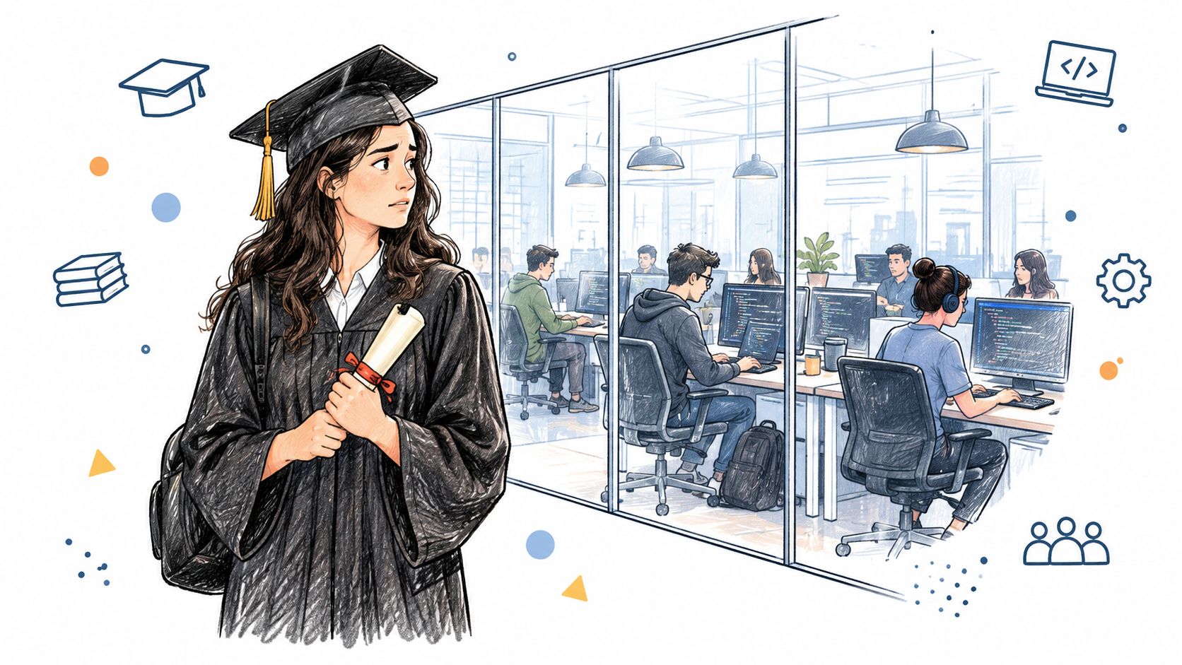 בוגרת אוניברסיטה מודאגת עומדת מול משרד הייטק עם עובדים המתוכנתים מול מחשבים, מבט על המעבר מהלימודים לעולם התעסוקה.
