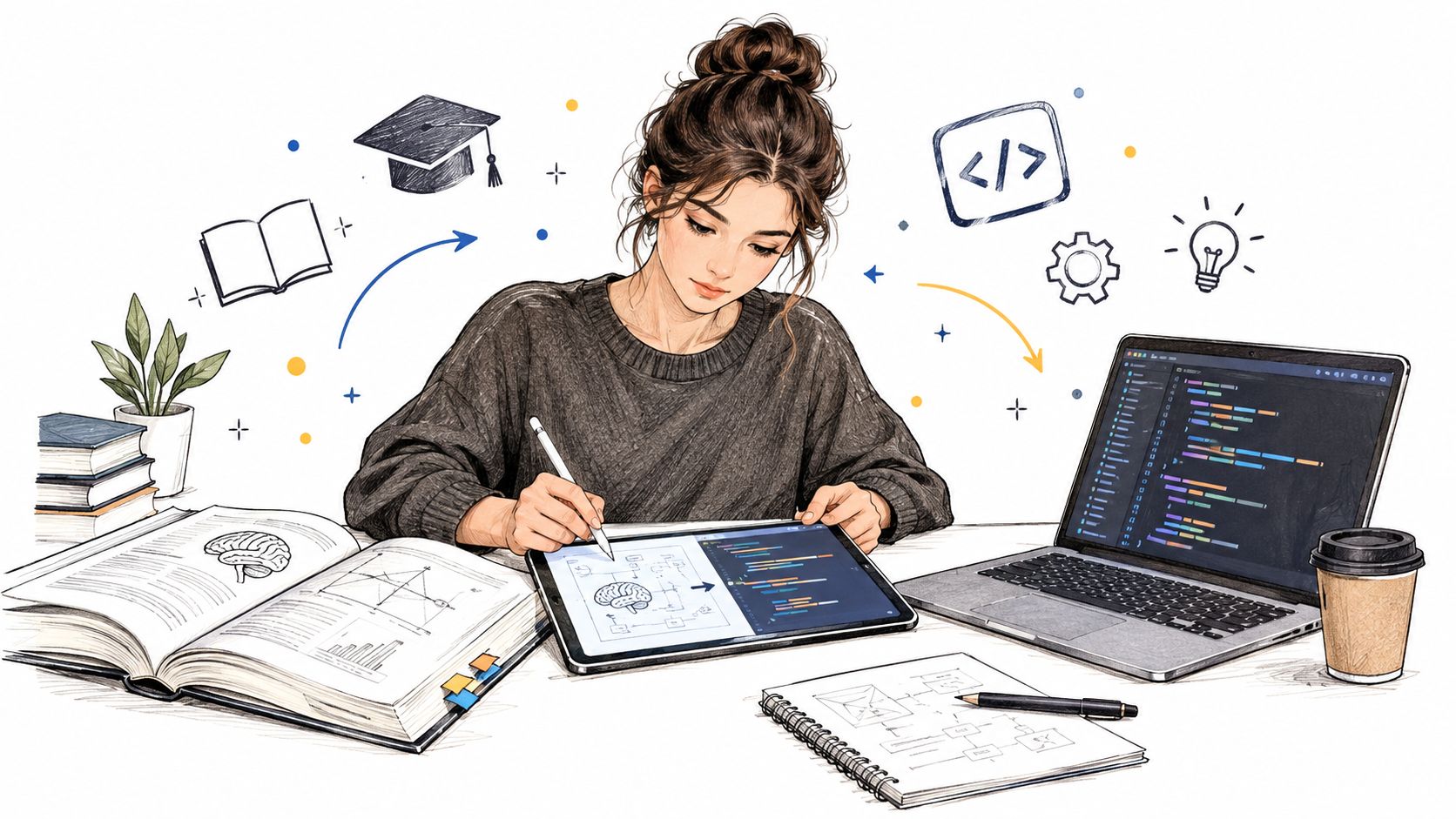 סטודנטית לתעשייה וניהול לומדת ומתכנתת בסביבת עבודה הכוללת מחשב נייד, טאבלט, ספרים ורישומי תכנון הנדסי על השולחן.
