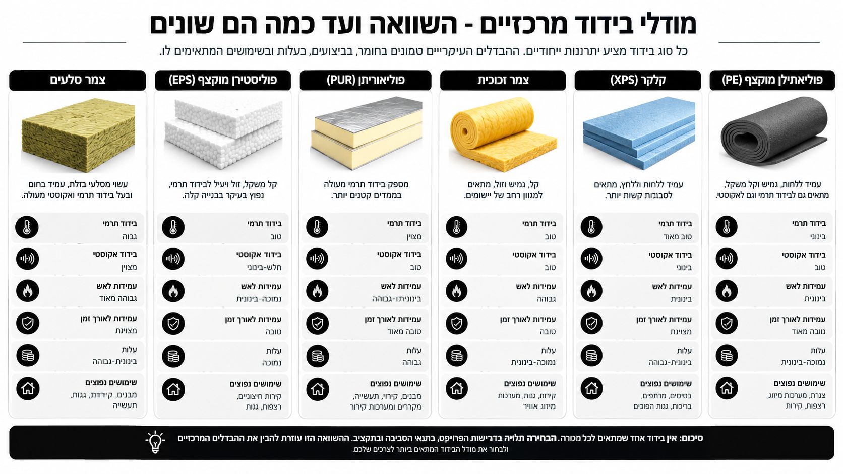 טבלת השוואה מקצועית בין סוגים שונים של חומרי בידוד תרמי ואקוסטי למבנים ותשתיות בבנייה מודרנית.